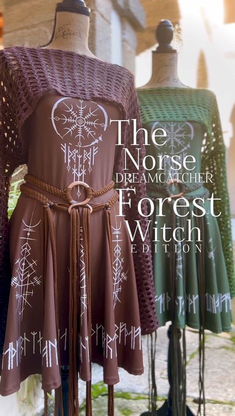 "NEW! Norse Dress Only! Viking dress, Norse Dreamcatcher Forest Witch, Norse Witch, Runes dress, Norse Pagan, Norse Wedding, Modern Viking  *This listing is for the Norse Dress ONLY,  The Full Set \"Dress +Shrug+Belt \" is available! If you want grab the Full Set, you can find it here: https://tribalwitchdesign.etsy.com/listing/1616838868 The Norse Dreamcatcher Forest Witch Ed. Norse Dress to impress ! The soft fabric and flared skirt give it an elegant twist that brings out the intricate design with a beautiful vibrancy. ATTENTION! The printed side is the outside, the inside of the dress is white. The fabric is similar to lycra, not cotton, not linen, not lining.  * 82% polyester, 18% spandex * Smooth and elastic fabric * Mid-thigh length flared skirt * Elastic waistline * Overlock seams, Viking Style Bridesmaid Dresses, Viking Wedding Gown, Celtic Bridesmaid Dresses, Norse Pagan Clothing, Norse Goddess Dress, Norse Outfit Female, Vikingcore Outfits, Norse Witch Costume, Celtic Clothing Women