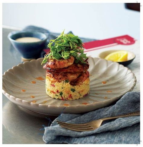 Chilli Garlic Masala Prawns with Couscous Salad- By Chef David Bitton Chilli Garlic Prawns, Gourmet Food Plating, Garlic Prawns, Prawn Recipes, Fine Dining Recipes, Couscous Salad, Food Presentation, Food Plating, Couscous