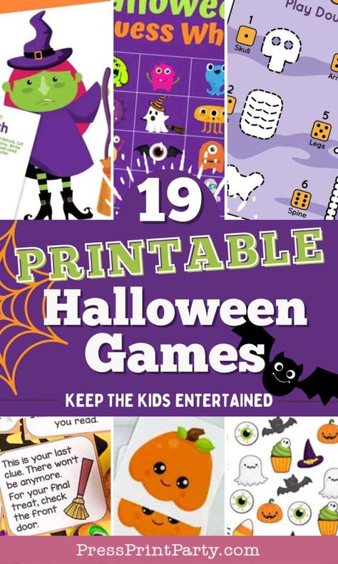 19 Printable Halloween Games for kids that are perfect for keeping the spooky fun going all season! This collection of free games includes everything from board games and memory matching to dice games, ensuring there's something for everyone, even teens. Whether you're looking for party ideas or just some quick entertainment, these games are a must-have. Save these free Halloween printables by Press Print Party! Halloween Party Ideas For Kids Games Free Printable, Free Printable Halloween Games, Halloween Dice Game, Halloween Kids Games, Free Halloween Games, Halloween Party Games For Kids, Printable Halloween Games, Halloween Board Game, Easy Halloween Games