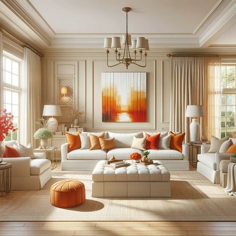 cream and sunset orange living room Off White Sofa Decor Color Schemes, Beige And Orange Living Room, White Sofa Decor, Off White Sofa, Sectional Living Room Decor, Cream Sectional, Orange Living Room, Cream Drapes, Decor Color Schemes