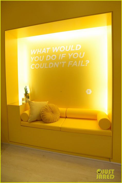 Honeycomb Office Design, Yellow Monochromatic Room, Yellow Wallpaper Room, Yellow Salon, Launch Aesthetic, Yellow Interior Design, Yellow Studio, Mirrored Bathroom, Yellow Office