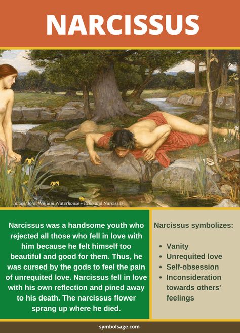 Narcissus’ story had a moral for the people of Ancient Greece about the dangers of vanity and pride, and the importance of being respectful and considerate of the feelings of others. Here's what he represented. Story Of Narcissus, Narcissus Greek Mythology, Narcissus Myth, Mythology Stories, Greek Mythology Stories, Myth Stories, Myths & Monsters, World Mythology, Greek Mythology Gods