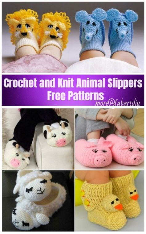 Crochet and Knit Animal Slippers - Free Patterns Crochet Kids Slippers Boys, Bedsocks For Kids, Crochet Toddler Slippers, Slippers Diy, Crochet Slipper, Crochet Slippers Free Pattern, Knitted Slippers Pattern, Crochet Baby Shoes Pattern, Bunny Slippers