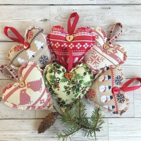 Scandi Christmas Decorations, Holly Print, Snowman Christmas Decorations, Scandi Christmas, Traditional Christmas Decorations, Trees Christmas, Fabric Heart, Christmas Hearts, Red Embroidery