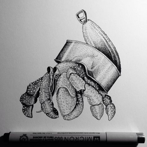 Inktober, Day 18 - Misfit Hermit crab forced to live in a metal can. Sad consequences of pollution #alexterezart #inktober #inktober2019… Eco Drawing, Hermit Crab Illustration, Hermit Crab Tattoo, Hermit Crab Drawing, Crab Illustration, Crab Tattoo, Inktober Art, Fineliner Art, Crab Art