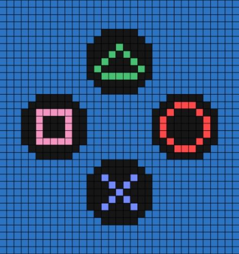 A pixel art template of the four PlayStation controller icon buttons, up to the dual-shock 4. To be precise, these icons are colourful shapes. Playstation Cross Stitch, Playstation Pixel Art, Controller Pixel Art, Pattern Game, Nerd Crafts, Mini Doodle, Retro Gaming Art, Easy Pixel Art, Pixel Drawing