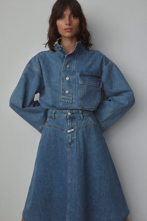 Blue Denim Skirt, Asymmetrical Blouse, Feminine Blouses, Soft Dress, Denim Blouse, Denim Branding, Dress Shirts For Women, Abayas Fashion, Mode Inspo