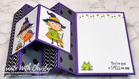 Video Tutorial Included - It's time for my 12 Weeks of Fall & Halloween 2022 - Week #3 project. It's an accordion style fun fold card that features the Stampin' Up! Best Witches Stamp Set - Create With Christy - Christy Fulk, Independent Stampin' Up! Demonstrator (USA) Stampin Up Best Witches Cards, Best Witches Stampin Up Cards, Jackie Bolhuis, Halloween Treat Holders, Diy Crafts Tutorials, Fall Cards Handmade, Halloween Paper Crafts, Fancy Fold Card Tutorials, Carte Halloween