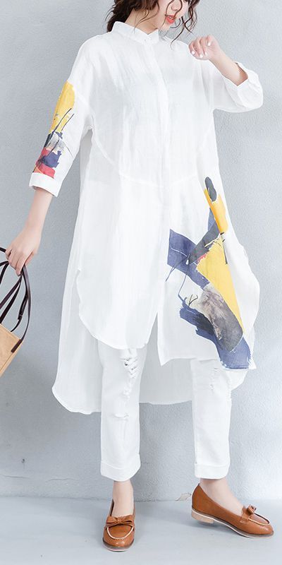 Summer Loose Print Long Shirt Women Casual Linen Blouse S1672 Long Shirt Women, Blouse Cotton, Casual Shirt Women, Trending Fashion Outfits, Pakistani Dress Design, Designs For Dresses, Long Shirt, Every Girl, New Trends