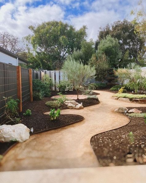 All Posts • Instagram Native Garden Front Yard, Australian Native Garden Fence, Garden No Lawn Ideas, Circle Lawn Landscape Design, Water Efficient Landscaping, Garden Inspo Backyards, Decomposed Granite Walkway, Granite Walkway, Modern Australian Garden