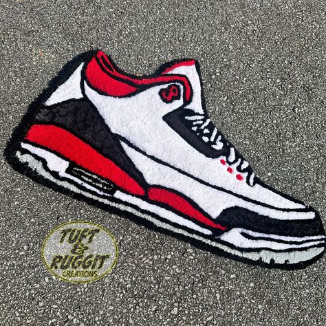 Here is a closer look at our sneaker rug !🏀✨ Perfect for any sneakerhead looking to add some heat to their space. Want to bring your own kicks to life? DM or email us to get started! #Jordan3s #SneakerRugs #CustomRugs #TuftAndRuggit #sneakerhead #tuft #tufting Jordan 3s, Sneaker Head, Custom Rugs, Bring It On, Sneakers