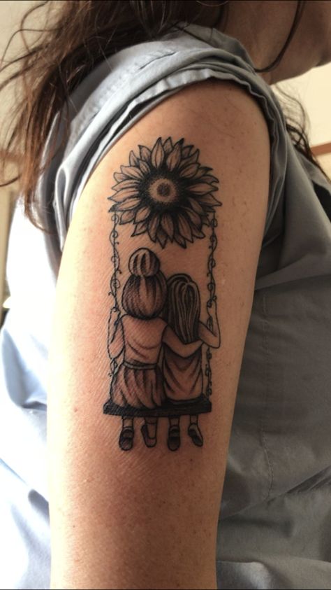 Sunflower Mother And Daughter Tattoo, Sunflower Sister Tattoo, Swing Set Tattoo, Swing Tattoo, Lost Tattoo, Fav Flower, Sister Tattoo Designs, Sister Tattoo, Wrist Tattoos For Women