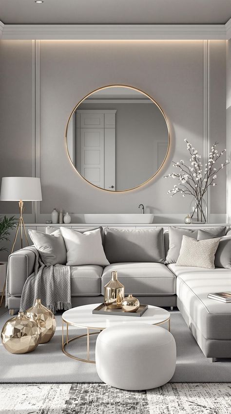 Grey Couch Living Room Neutral And Brass Living Room, Modern Gray Living Room Decor, Small Apartment Grey Couch, Cushions For Grey Leather Sofa, Gold And Silver Living Room Ideas, Living Room Decor White And Grey, Livingrooms Design Ideas Grey Couch, Couch For Grey Walls, Grey And Silver Living Room Ideas