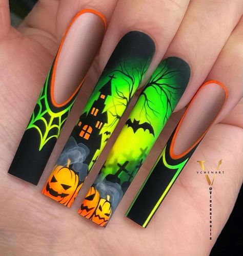 ❤️❤️❄️❄️Beautiful Christmas nails done by @vinanailshouston | Instagram Halloween Nail Ideas, Nail Art Halloween, Holloween Nails, Neon Nail Designs, Halloween Acrylic Nails, Halloween Press On Nails, Seasonal Nails, Halloween Nail Designs, Art Halloween