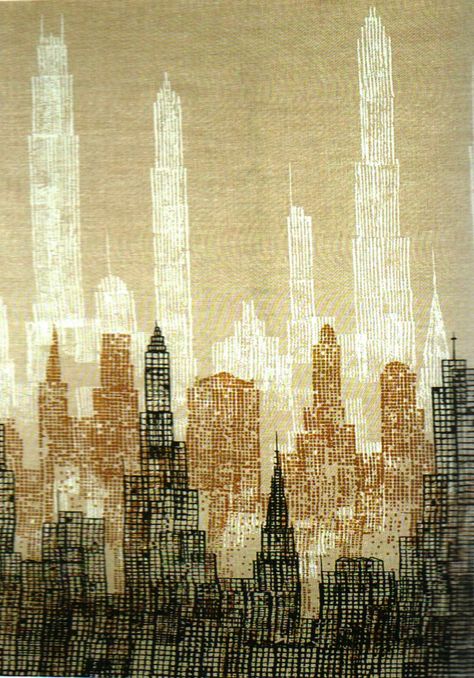 Skyline screen-printed linen panel, designed by Eleanor and Hank Kluck, 1958.  Customized large scale fabric, and wall mural prints for specific interiors; These were intially block-printed but later screen printed. From the book, "20th Century Textiles" Wood Panel Wall Art, Gcse Art Ideas, Chicago Museums, زجاج ملون, Gcse Art, A Level Art, Art Institute Of Chicago, City Art, Art Moderne