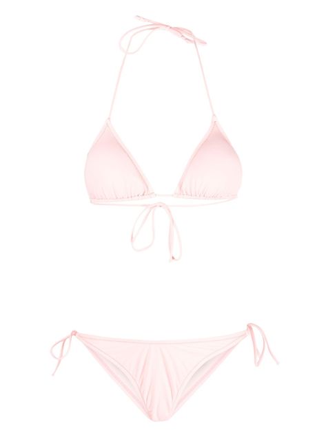 Susan halterneck bikini set from REINA OLGA featuring blush pink, recycled polyamide blend, stretch-design, triangle cup, halterneck tie fastening, rear tie fastening, classic bottoms, mid-rise and side-tie bottoms. Be mindful to try on swimwear over your own garments.. This item is made from at least 50% recycled or upcycled materials. For recycled synthetic clothing products, we highly recommend using a microfibre-catching washing bag to ensure that no microplastics that can pollute water are Swimsuit Inspo, Design Triangle, Sea Clothes, Cute Bathing Suits, Latest Fashion Design, Upcycled Materials, Pink Swimsuit, Summer Bikinis, Cute Swimsuits