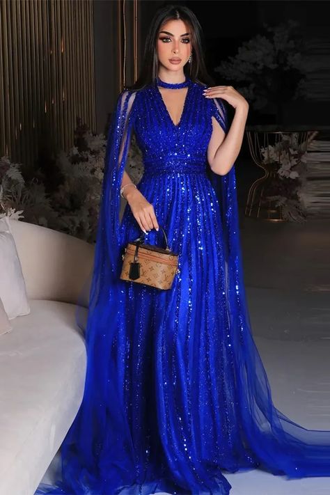 Evening Dress With Cape, Arabic Party, Dress With Cape Sleeves, Dubai Women, Dress With Cape, Gown Pictures, Sparkly Prom Dresses, Intricate Beading, Royal Blue Prom Dresses