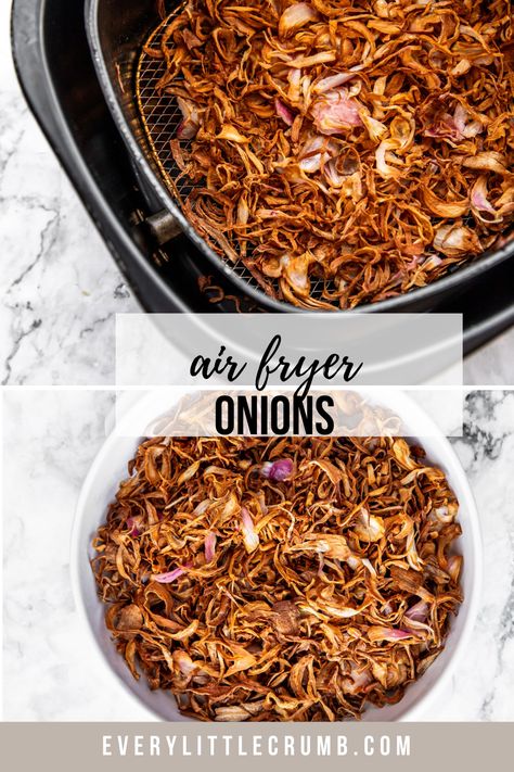 Air Fryer Onions Air Fryer Haystack Onions, Onions Air Fryer Recipes, Carmelized Onions In The Air Fryer, Air Fryer Grilled Onions, Airfryer Crispy Onions, Air Fryer Crispy Fried Onions, Air Fry Onions, Air Fryer Caramelized Onions, Onion Strings Air Fryer