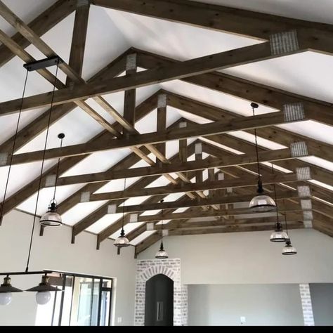 Open Truss Ceiling, Exposed Roof Trusses, Exposed Trusses, Roof Trusses, Track Light, Barndominium, House Inspo, Pocahontas, Track Lighting