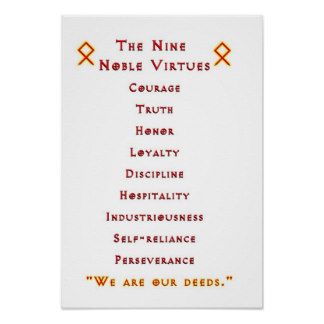 Nine Noble Virtues Poster Nine Noble Virtues, Noble Virtues, 30 Day Writing Challenge, Pagan Gifts, Learning Tarot Cards, Self Reliance, Tarot Learning, Writing Challenge, Knowledge And Wisdom