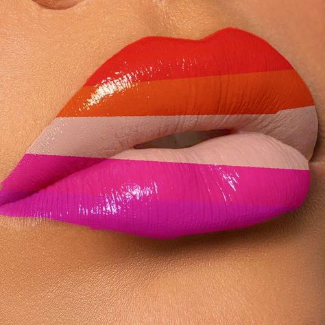 Pride Makeup Lesbian Flag, Lesbian Eye Makeup, Lesbian Flag Makeup, Pride Lips, Lesbian Flag Colors, Flag Nails, Lesbian Pride Flag, Pride Makeup, Lesbian Flag