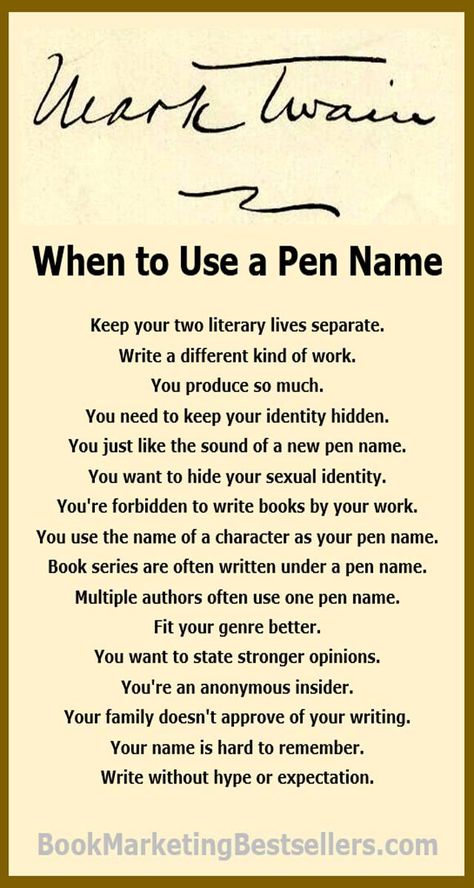 16 reasons to use a pen name: hide identity, two genres, experimental, and more. #writers #authors #writing #books Pen Names For Writers, Name Ideas For Writers, Pen Name Ideas, Names For Writers, Magazine Writing, Ghost Writing, Writing Genres, Indie Publishing, Writer Tips