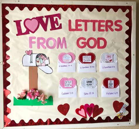 Christian Valentines Decorations, Valentines Church Decor, Valentine Sunday School Crafts, Christian Classroom Ideas, Christian Daycare Ideas, February Church Bulletin Board Ideas, Kids Church Bulletin Boards, Valentines Bulletin Boards Preschool Christian, Valentine Bulletin Boards For Church