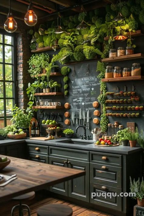 Forest Kitchen Design Ideas: Bringing Nature into Your Home - Puqqu Witchy Camping, Dark Academia Kitchen, Greenhouse Kitchen, Forest Kitchen, Botanical Kitchen, Apothecary Decor, Kitchen Plants, Black Kitchen Cabinets, Aesthetic Kitchen