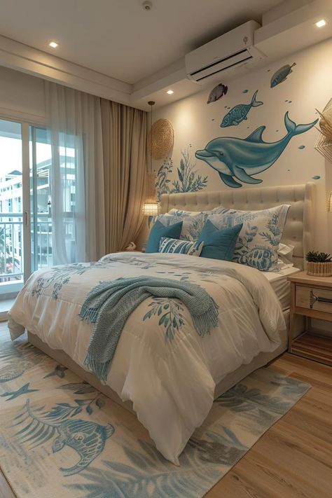 15 Aesthetic Coastal Bedroom Ideas for a Dreamy Retreat 20 Bedroom Beach Decor, Curtains Aesthetic, Blue And White Bedroom, Coastal Bedroom Ideas, Ocean Bedroom, Ocean Room Decor, Farmhouse Island, 15 Aesthetic, Chic Living Room Decor