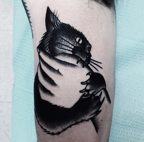 cat bites feeding hand black and white tattoo by Mike Adams Hand Traditional Tattoo, Mother Nature Tattoos, Literary Tattoos, Black Cat Tattoos, Cat Biting, Triangle Tattoos, Cat Tattoo Designs, Music Tattoos, White Tattoo