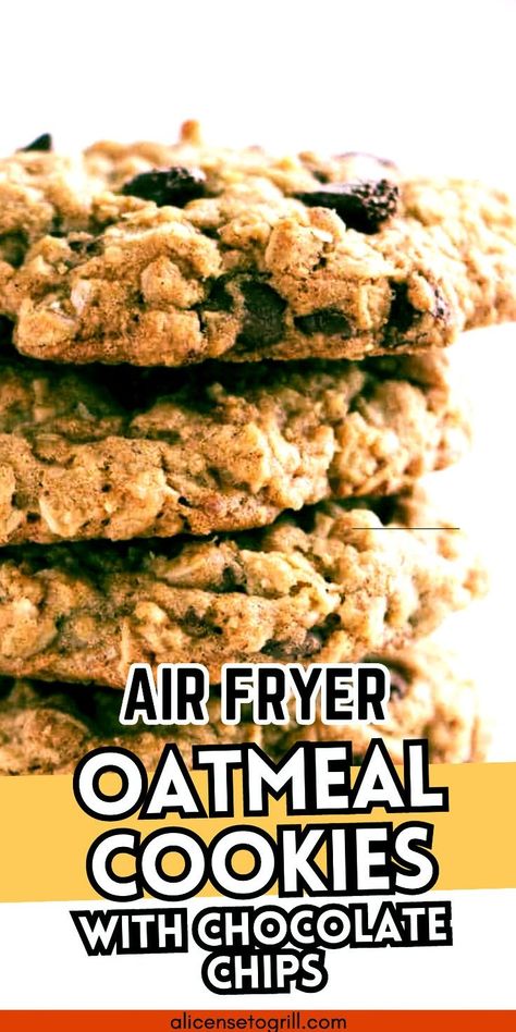 Dive into these air fryer oatmeal cookies with chocolate chips and experience the magic of baking without the oven! Ideal for those spontaneous cookie cravings, this recipe is a dream for prep-ahead, with dough you can whip up and chill until that sweet tooth calls. Stash a batch in the fridge, and you’ll be just 7 minutes away from warm, gooey goodness any day of the week. Air Fryer Cookie For One, Air Fryer Cookies Easy Recipes, Air Fryer Oatmeal Cookies, Air Fryer Oatmeal, Oatmeal Cookies With Chocolate Chips, Air Fryer Cookies, Cookies With Chocolate Chips, Chocolate Chip Oatmeal Cookies, Air Fryer Pork Chops