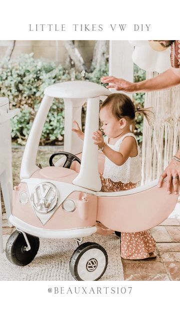 Tiny Tikes Car Makeover, Painting Little Tikes Car, Vw Little Tikes Car, Diy Little Tikes Car Makeover, Little Tikes Car Makeover, Little Tikes Makeover, Pink Volkswagen, Cozy Coupe Makeover, Vw Logo