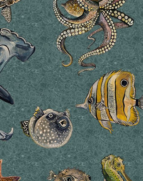 Trendy Patterns Prints, Deep Sea Decor, Sea Themed Wallpaper, Under The Sea Wallpaper, Bath Wallpaper, Beachy Wallpapers, Sea Life Wallpaper, Marbled Background, Ocean Bathroom