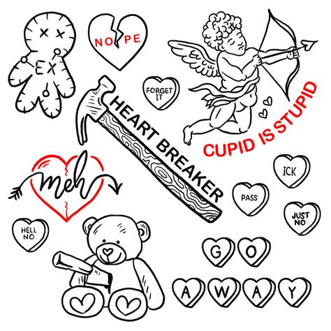 Conversation Heart Tattoo Outline, Valentines Day Tattoo Designs, Love Flash Art, Anti Valentine’s Day Tattoos, Anti Valentine’s Day Tattoo Flash, Anti Love Tattoo Flash, Valentine Day Flash Tattoo, Valentine’s Day Tattoo Ideas, Anti Valentines Day Tattoo