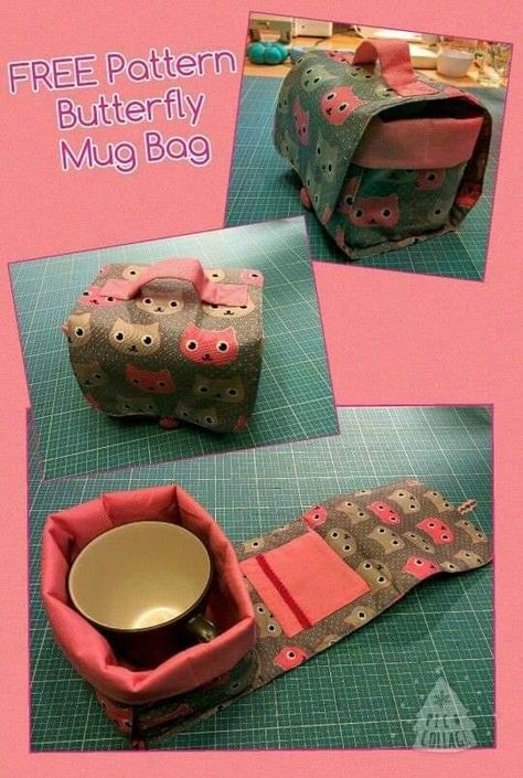 Mug Bag Free Pattern, Fitness Gift Ideas, Mug Bag, Butterfly Mug, Projek Menjahit, Fitness Gift, Diy Sewing Gifts, Mug Rug Patterns, Sewing To Sell