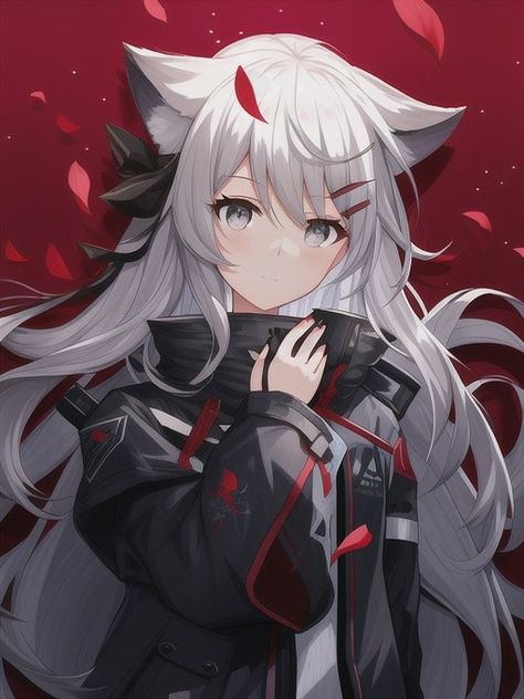 Girl, Fox ears, red, White hairs. Anime Fox Ears, Kitsune Female, Kitsune Girl, Wolf Ears And Tail, Anime Kid, Dark Grey Hair, Vtuber Fanart, Wolf Ears, Girls With Black Hair