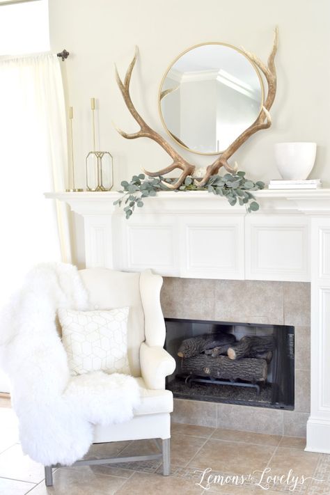 Spring Mantel Decor, Spring Mantel Decorating Ideas, Film Decor, Fireplace Mantel Designs, Mantel Decorating Ideas, Spring Mantel, Antlers Decor, Mantel Decorating, Mantel Ideas