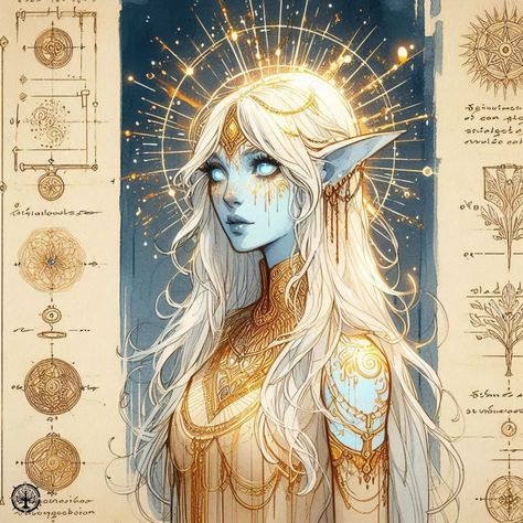 Field Guide | Volume II | Pages 53 - 56: "The Lumenaeic Magistocracy" #aiart #aiartwork #aiartcommunity #aiconceptart #fantasy #fantasycreature #fantasyart #fieldguide #beastiary #light #gold #heavenly #golden #bright #hummingbird #elf #elven Elf Goddess, Artbook Ideas, Gods Design, Dnd Concept, Dnd Druid, Anime Model, Elves Fantasy, Rpg Characters, High Elf