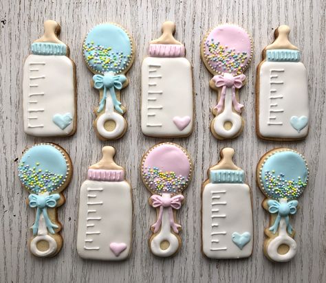 Rattle Decorated Cookies, Baby Bib Cookies Decorated, Baby Bottle Cookies Decorated, Baby Rattle Cookies Decorated, Rattle Cookies Decorated, Baby Rattle Cookies, Airbrushed Cookies, Rattle Cookies, Baby Shower Appetizers