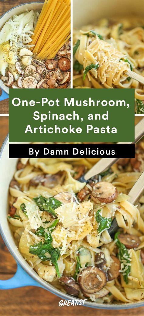 4. One-Pot Mushroom, Spinach, and Artichoke Pasta #easy #dinner #recipes https://greatist.com/eat/easy-dinner-recipes-to-make-this-week Mushroom Artichoke Recipes, Artichoke Meals Dinners, Spinach And Meat Recipes, Artichoke And Mushroom Recipes, Meals With Artichoke, Mushroom Artichoke Pasta, Artichoke Dinner Recipes, Artichoke Pasta Recipes, Spinach And Artichoke Pasta