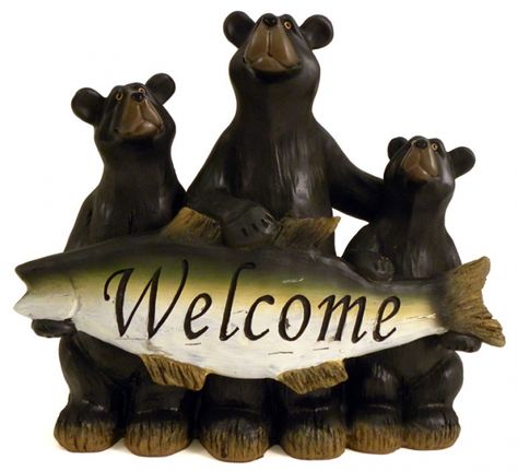 Black Bears With Fish Welcome Sculpture - American Expedition Grizzly Bear Cub, Country Western Decor, Bear Sculptures, Three Bears, Bear Family, Bear Figurine, Garden Statue, Ornamental Plants, Wildlife Animals