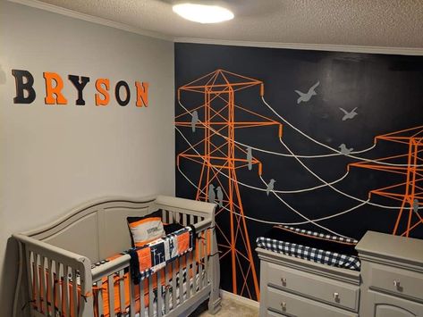 Orange and navy lineman nursery theme. Lineman Home Decor, Lineman Home Decor Ideas, Lineman Themed Nursery, Lineman Nursery, Nursery Baby Boy Room, Baby Boy Room Themes, Boy Room Themes, Brown Nursery, Parker James