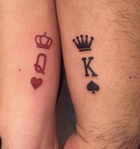 Love Couple Tattoo, King Of Hearts Tattoo, Hearts Tattoos, King And Queen Of Hearts, King Queen Tattoo, Pair Tattoos, Queen Of Hearts Tattoo, Couple Tattoos Love, Raising Hope