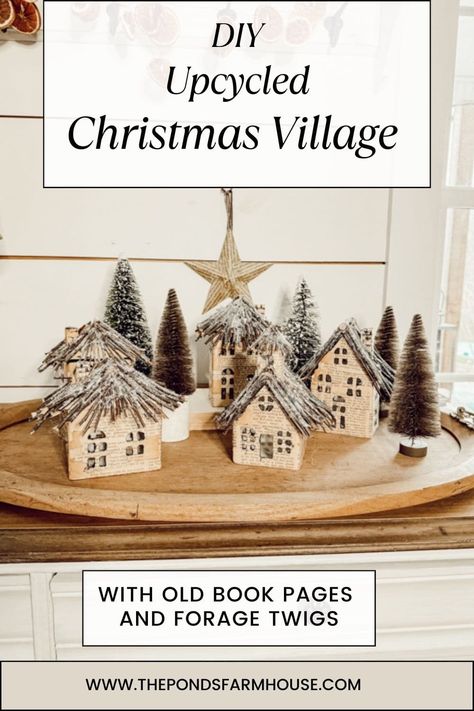 Vintage Christmas Village Display, Upcycled Christmas Decorations, Canvas Craft Ideas, Rustic Christmas Village, Christmas Village Ideas, Christmas Village Display Ideas, Village Display Ideas, Diy Christmas Village Displays, Diy Old Books