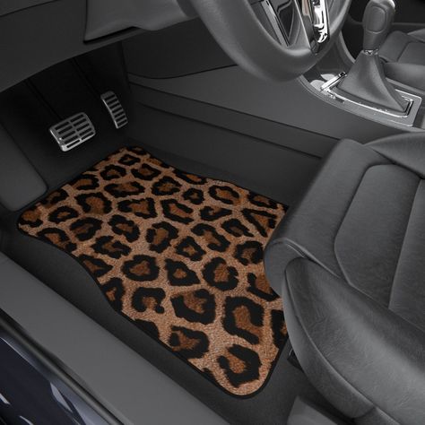 Leopard Print Car Mat Set. Give a personal touch to any car interior with these customizable car mats. They come in a set of four and include two front and two rear mats with a non-slip rubber backing. Print unique designs in vibrant colors on the 20oz polyester needle punch surface, and clean them easily with a vacuum or a cool water rinse.\n.: Polyester needle-punch surface\n.: White base and black trim\n.: Non-slip rubber backing\n.: Set includes two front and two rear mats\n.: NB! Print migh Leopard Car Interior, Leopard Print Car Decor, Car Interior Seat Covers, Cute Car Things, Girly Car Accessories, Cool Car Accessories, Car Deco, Car Essentials, Girly Car