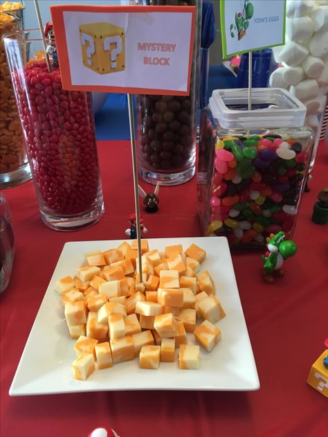 Super Mario Level Up Birthday, Food For Golden Birthday, Mario Bros Party Food Ideas, Super Mario Birthday Food Ideas, Super Mario Charcuterie Board, Super Mario Snacks Parties Food, Supermario Theme Party Food, Mario Day Food, Super Mario Themed Snacks