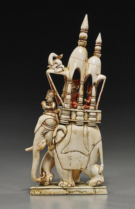 Antique Indian carved and parcel polychromed ivory model of an elephant; walking and wearing a caparison and elaborate openwork howda with three riders (wear to gilt), late 19th Century. Elephant Walking, Elephant Stuff, Ivory Elephant, Elephant Pictures, Art Chinois, Elephant Illustration, Historical Objects, Elephant Sculpture, Indian Elephant