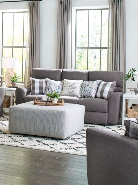 You deserve a stunning setup, just like this one. - - - featuring the new Searsport reclining sofa Emoji Pillows, Reclining Sofa, Farmhouse Design, Living Room Sofa, Recliner, Accent Pillows, Living Room Decor, Room Decor, Sofa