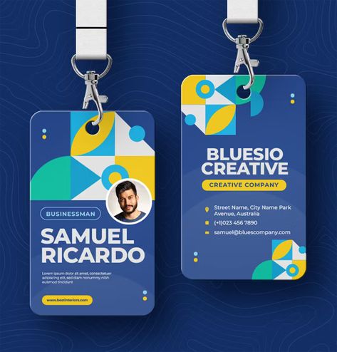 Geo Blues ID Card Template AI, EPS, PSD Office Card Design, Staff Id Card Design, Credentials Design, Id Card Ideas, Id Card Design Creative, Id Layout, Id Card Design Template, Staff Card, Id Template