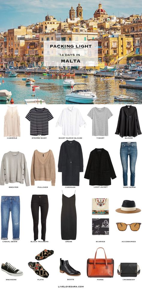 What to Pack for Malta Packing Light List #packinglist #packinglight #travellight #travel #livelovesara Packing Wardrobe, Smart Casual Wardrobe, Travel Capsule Wardrobe, Holiday Packing, Travel Capsule, Packing Lists, Travel Wardrobe, Packing Light, What To Pack